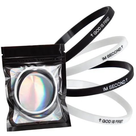 EWOPT 4-Pack Unisex Silicone Band Bracelets & Bangles - Engraved 'God Is First' Logo, Interchangeable Black & White, Scripture Design Religious-Themed Gift Set (L Circumference: 10 Inches) for Teens, Bracelets for Women