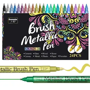 Metallic Color Acrylic Paint Pen, 24pcs/set Dual Tip Brush Marker Pen Acrylic Paint Marker Pen, Art Supplies for Rock Painting, Canvas, Wood, Ceramic, Glass, Stone, Fabric