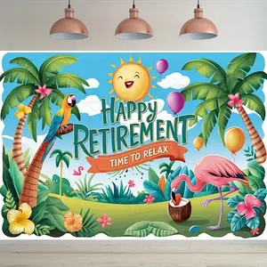 1pc Happy Retirement Party Banner - Vibrant Tropical Design with Palm Trees, Flamingos & Parrots - Durable Polyester Photo Backdrop for Indoor/Outdoor Celebrations - All-Season Home Wall Decor