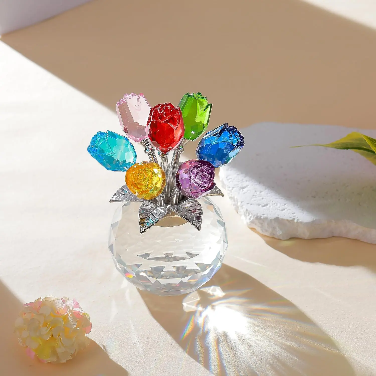 Rose Flower Crystal Figurine with Vase, Eternal Bloom Bouquet Ornament, Handmade K9 Crystal Flower, Romantic Gift for Wife Girlfriend Mom, Luxury Home Table Decor for Valentine's Day Anniversary