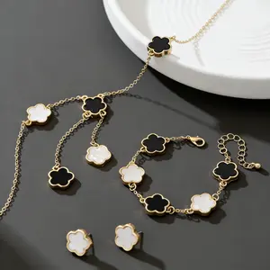 Classic Black-White Five-Leaf Clover Pendant Necklace Bracelet Earrings Set Suitable Gifts for Girlfriends and Mothers