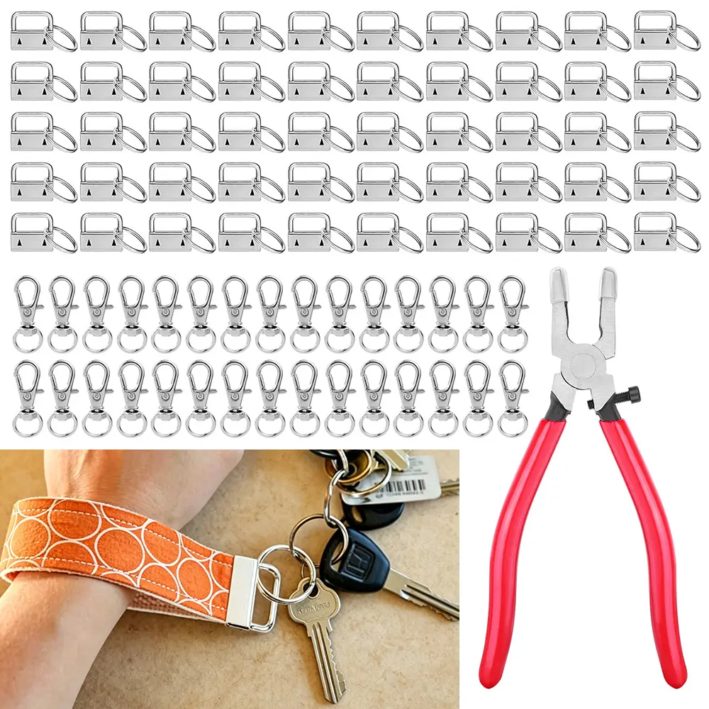 101-Pcs DIY Keychain Hardware Kit - Sewing & Haberdashery Accessory with 50 Tail Clips, 50 Keychains, 1 Installation Clamp for Lanyard Making, Bag Decorations