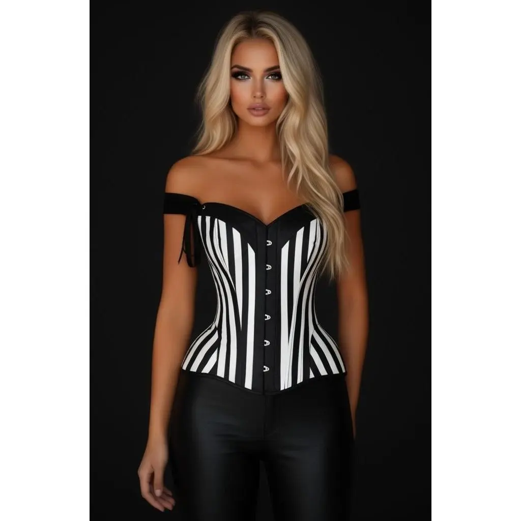Top Drawer Black/White Striped Steel Boned Corset w/Straps