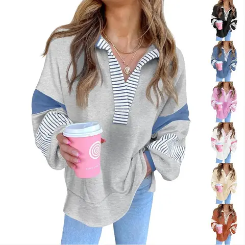 Imily Bela Womens Color Block Oversized Sweatshirt V Neck Long Sleeve Casual Loose Pullover Tops
