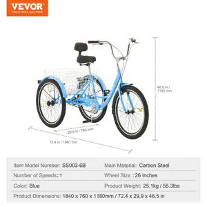 VEVOR Adult Tricycles Bike, 26 Inch Three-Wheeled Bicycles, 3 Wheel Bikes Trikes, Carbon Steel Cruiser Bike with Basket Adjustable Seat, Picnic Shopping Tricycles for Seniors, Women, Men (Blue)