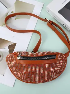 New Women's Rhinestone Waist Bag, Fashion Chain Chest Bag, Daily Use Crossbody Bag, Punk Style, All Seasons, Patchwork Design, Zipper Fanny Pack, Zipper Belt Bag