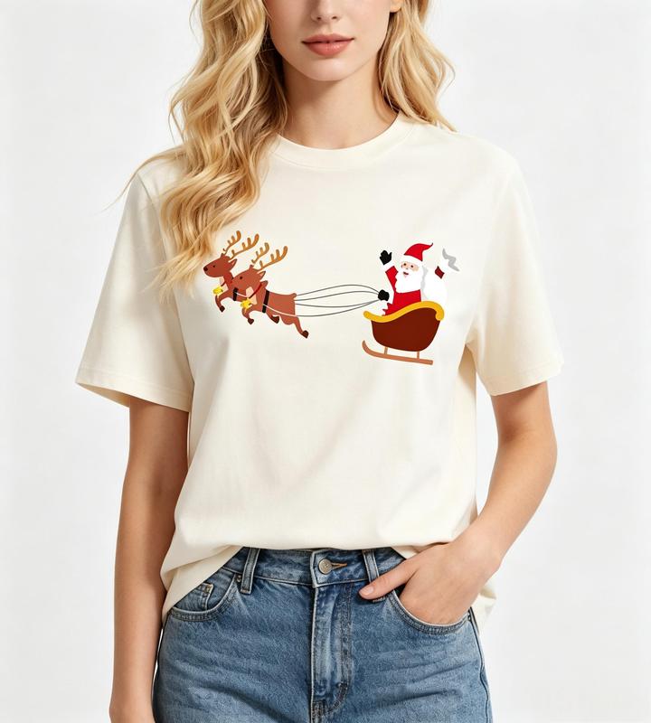 Women's Minimalist Fitted Casual Short-Sleeve Crew Neck Graphic Tee - Beige, Santa Claus Reindeer Sleigh Graphic Print, Lightweight Premium Fabric, Beach-Ready Trendy Tshirt for Women