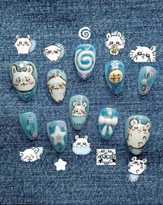 Blue Pastel Flying Squirrel Character 3D Press On Nails | M-Momonga-aa Kawaii Handmade Nail Set | Cute Glossy Reusable Fake Nails for Beaches, Summer, Holiday, Vacation, Birthday