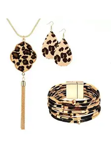 Leather Leopard Print Jewelry Set, Necklace Earrings Bracelet Trio, Party Fashionable Elegant Accessory, All-Season Wear