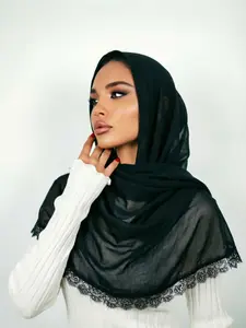 1pc Embroidered Edge Long Scarf Hijab for Women, Soft Fabric Comfortable Wear, Breathable Hijab, Lace Trim Geometric Print Jersey Hijab