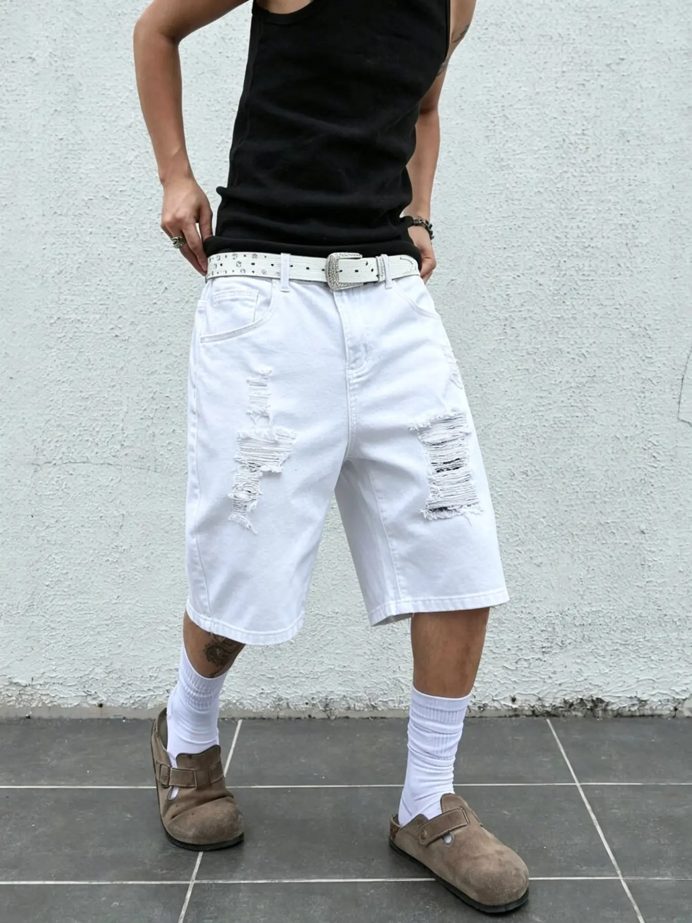 Men's Wide Leg Loose Plain Jeans Shorts Pocket, Casual Outdoor Streetwear, Fashionable for City Walks, Comfortable Summer Lifestyle