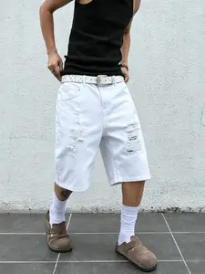 Men's Wide Leg Loose Plain Jeans Shorts, Casual Outdoor Wear, Fashionable for City Walks, Comfortable Summer Lifestyle