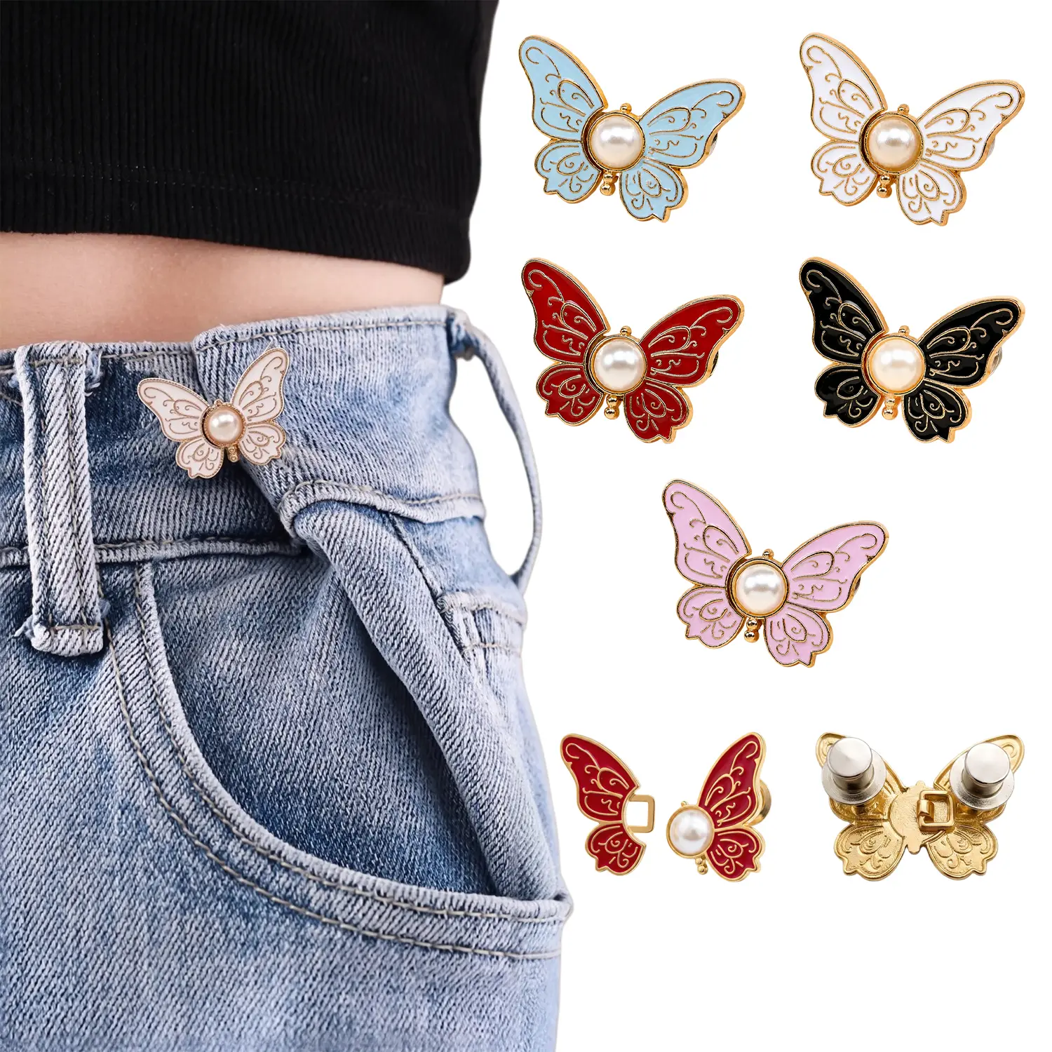 5 Sets Pant Waist Tightener, Detachable Butterfly Clips Jean Buttons for Loose Jeans,Adjustable Waist Buckle Sets No Sew and No Tools Decorative Butterfly Waist Buckles,Jean Buttons Pins for Women#SummerFinds