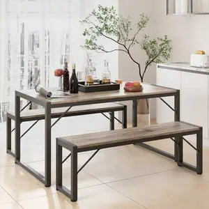 45.5" Dining Table Set For 4, Kitchen Table Set With 2 Benches,Christmas Gift And New Year Gift, Dining Room Table Set With Metal Frame & MDF Board, Space-Saving Dinette
