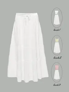 Multi-Layer Drawstring Cake Skirt, Lightweight Breathable Cotton Linen, Elastic Waist, Loose Fit, All Seasons, Casual Wear