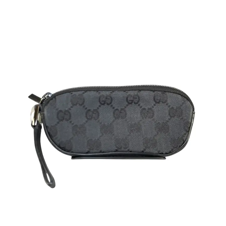 Pre-owned GUCCI Canvas Small Leather Goods GG Black Leather Coin Card Wristlet Slim Zip Pouch