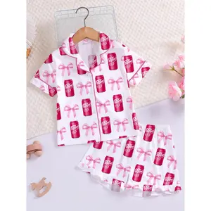 Dr Pepper Soda Bow Print Kids Short Sleeve Pajama Set, Comfortable Fireproof Sleepwear, Casual Fitted Two-Piece for Children, Pajama Lounge Sets