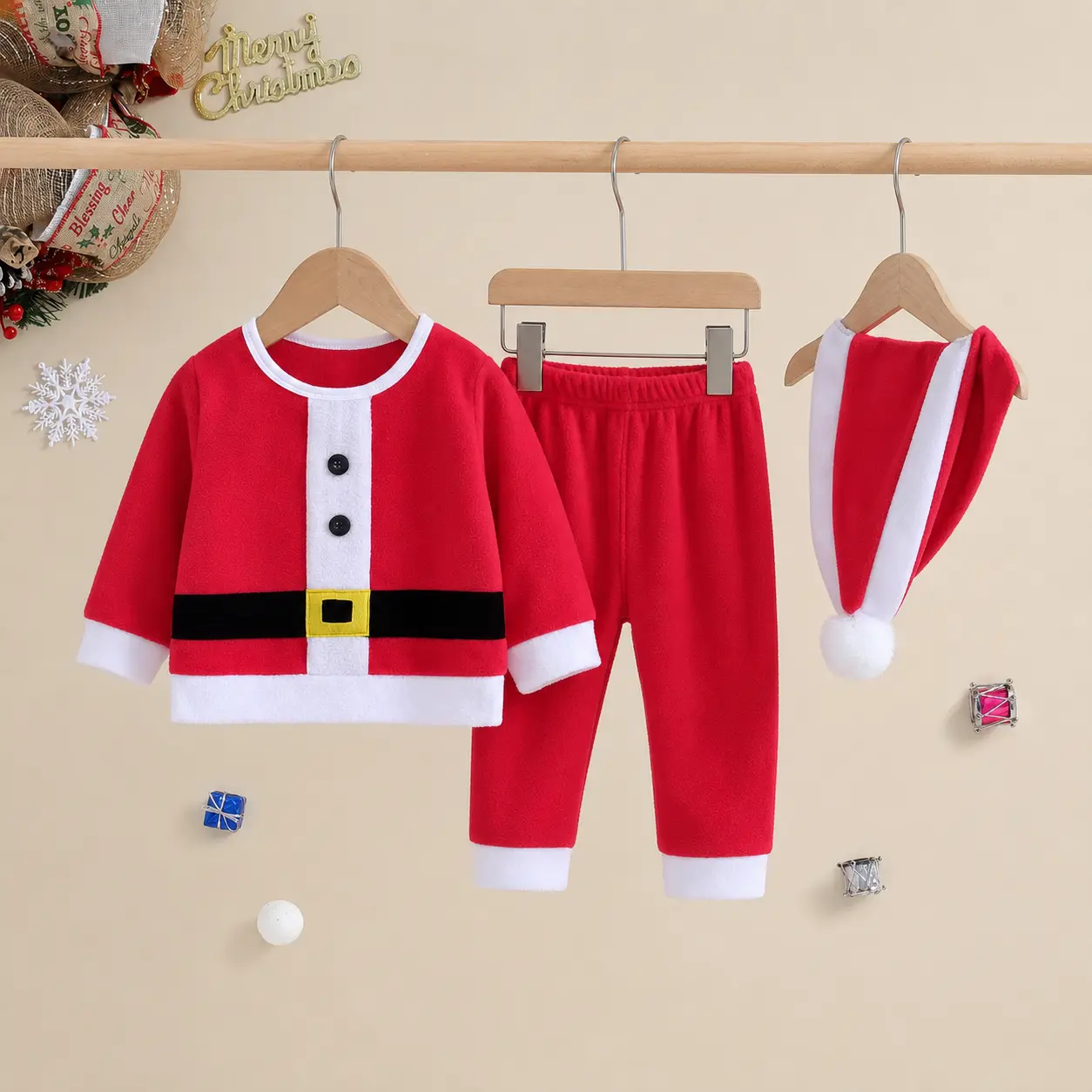 Toddler Boys Girls Christmas 3 Piece Outfit Set, Patchwork Long Sleeve Top & Long Pants with Belt Print Buttons, Holiday Clothes with Santa Hat