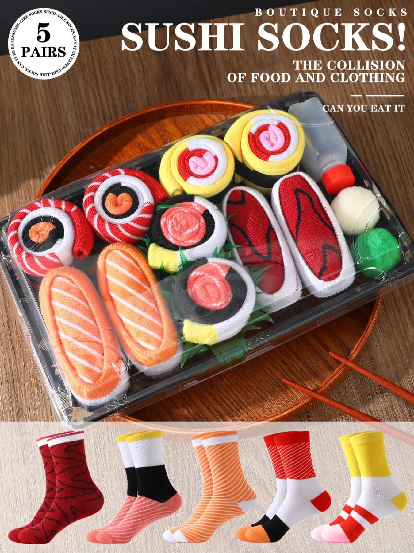 5 Pairs Fun Mid-Calf Gift Socks, Unisex Soft Comfortable Long Socks Box Set, Creative Sushi Food Design, Casual Wear All Seasons Ideal gift for Valentine's Day/Easter/Ramadan/Super Bowl/Family Day