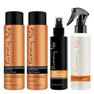 Sunny Isle Extreme Hydrating Shampoo & Conditioner (12oz), Heat Protectant (6oz) & Leave-In Detangler (8oz) Bundle - Jamaican Black Castor Oil Infused, Moisture, Frizz Control, Detangling & Heat Protection