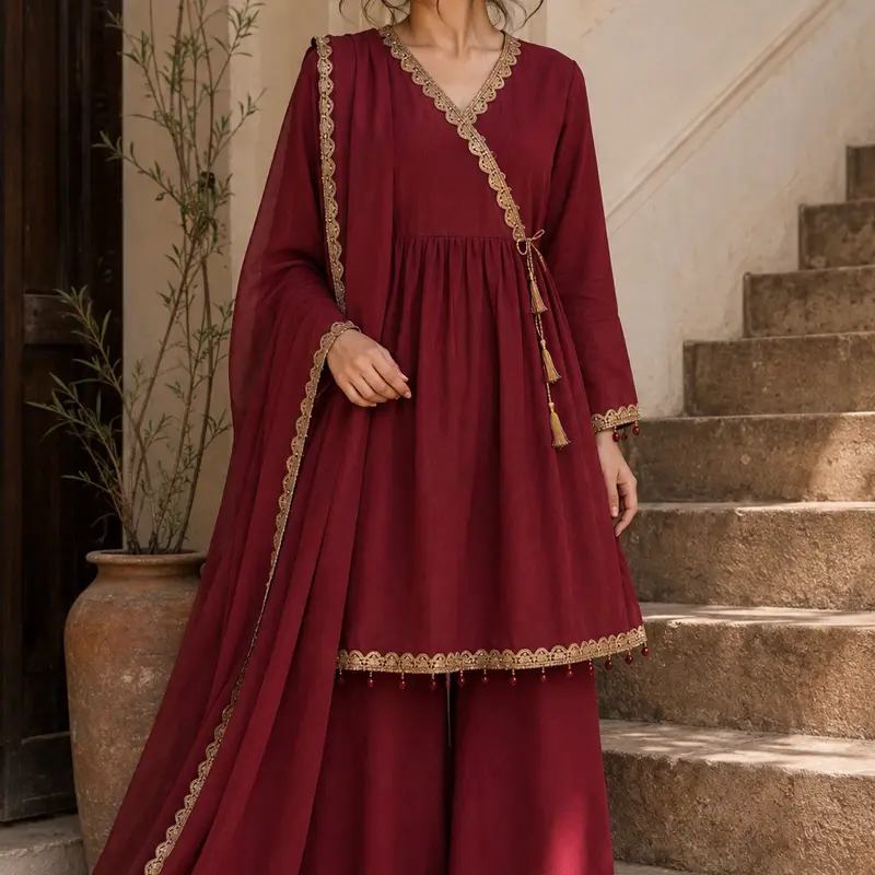Women's 3-Piece Traditional Angrakha, Dupatta & Plazo Outfit