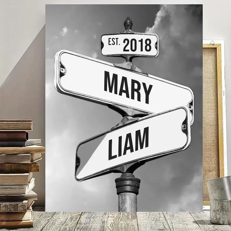 1pc Artistic Personalized Vintage Street Logo Framed Canvas Wall Art - Custom Name & EST. Date, 2D Flat Original Image Print, 5 Styles, Pine Wood Wrapped Frame, Vertical Home Decor for Bedroom, Kid Room, Balcony, Valentines Day Gifts, Photo Print, All Sea