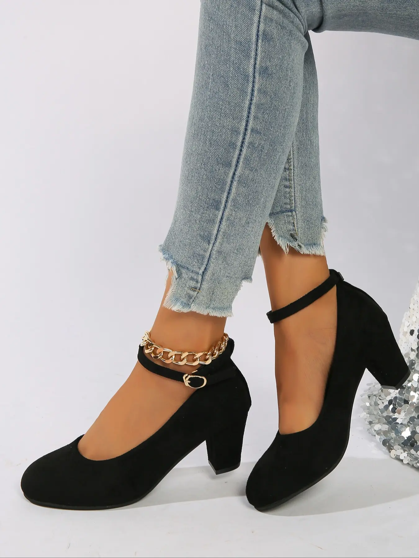 Elegant Round Toe Slip-On High Heels for Women, Suede Comfortable Chunky Heel Sandals for Spring Summer, Casual Vacation Shoes, Elegant Pointed Toe Design, Chunky Heel Pumps