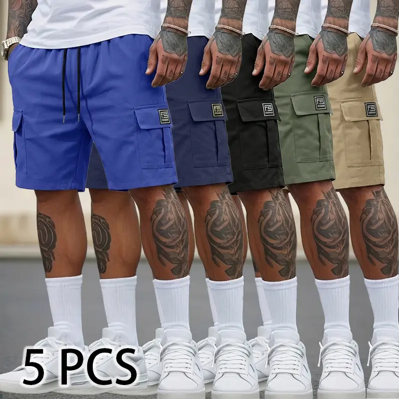 Men’s cargo shorts, solid-color men’s work shorts, wear-resistant polyester fabric, loose straight fit, multiple pockets, wrinkle-resistant, no ironing needed, versatile casual shorts for all seasons, available in 8 color options, summer styling.
