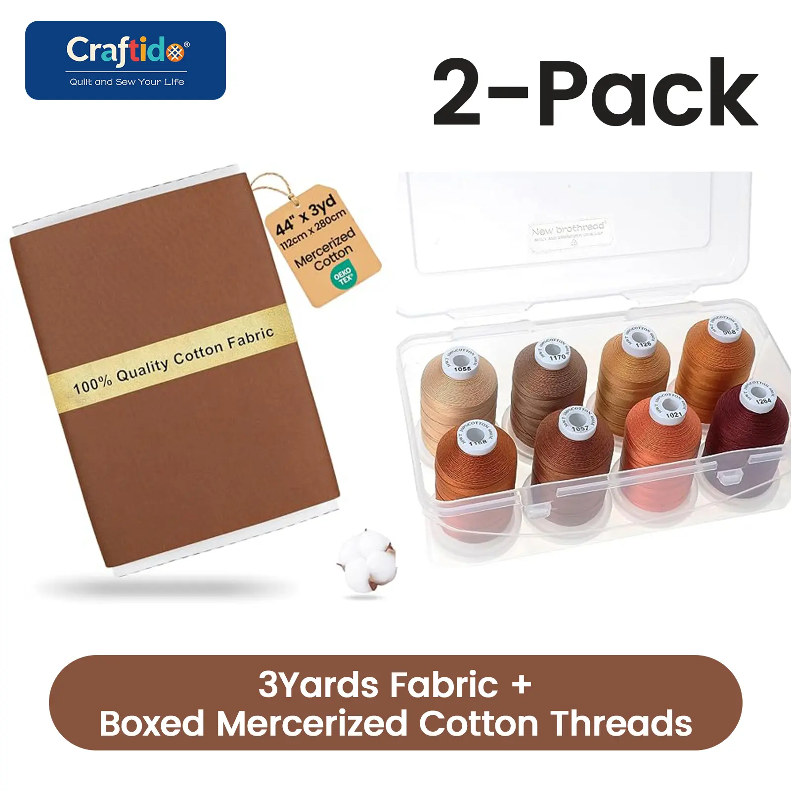 Craftido 2-Pack Quilting Bundle- 3Yd Solid Cotton Fabric+ Mercerized Cotton Sewing Threads for Sewing & Home Decor