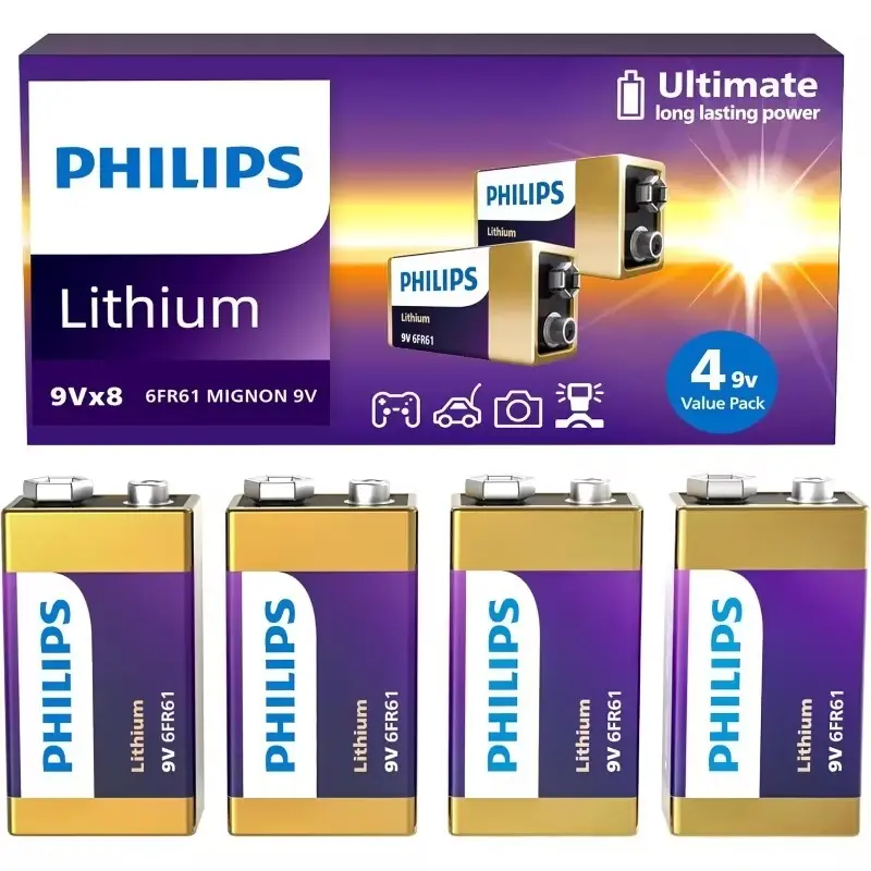 PHILIPS 9V Batteries, 4-Pack. Long-Lasting 9-Volt Batteries Ideal for Home and Office Devices, Smoke Alarms (Non-Rechargeable).