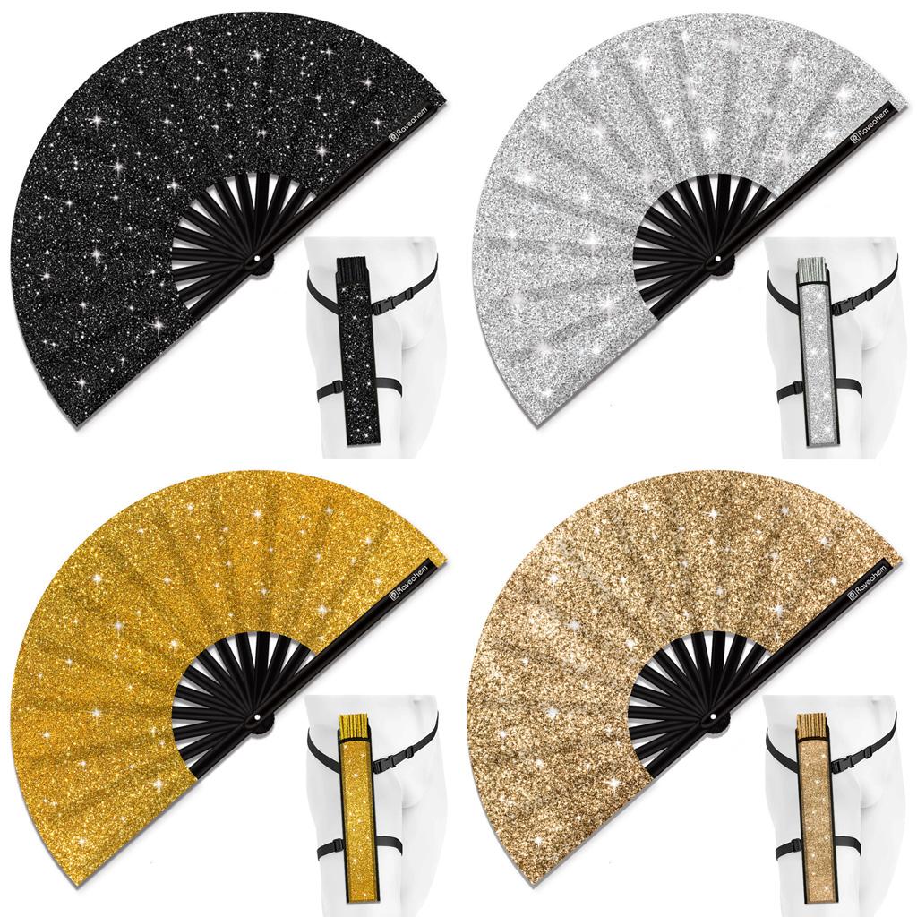 Glitter Large Rave Folding Clack Hand Fan with holster for men women Handheld Fan for EDM,Festival,Club,Party,Dance