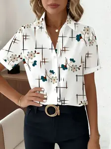 2026 Retro Geometric Floral Shirt, High-End Lapel Single Button Casual Short Sleeve, Loose-Fitting All over Print Top