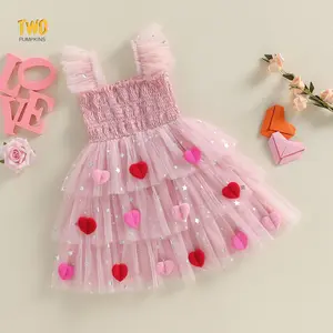 Toddler Girl Valentines Pink Tutu Dress Shiny Star Print Heart Embroidery Tulle Princess Dress Birthday Party Wedding