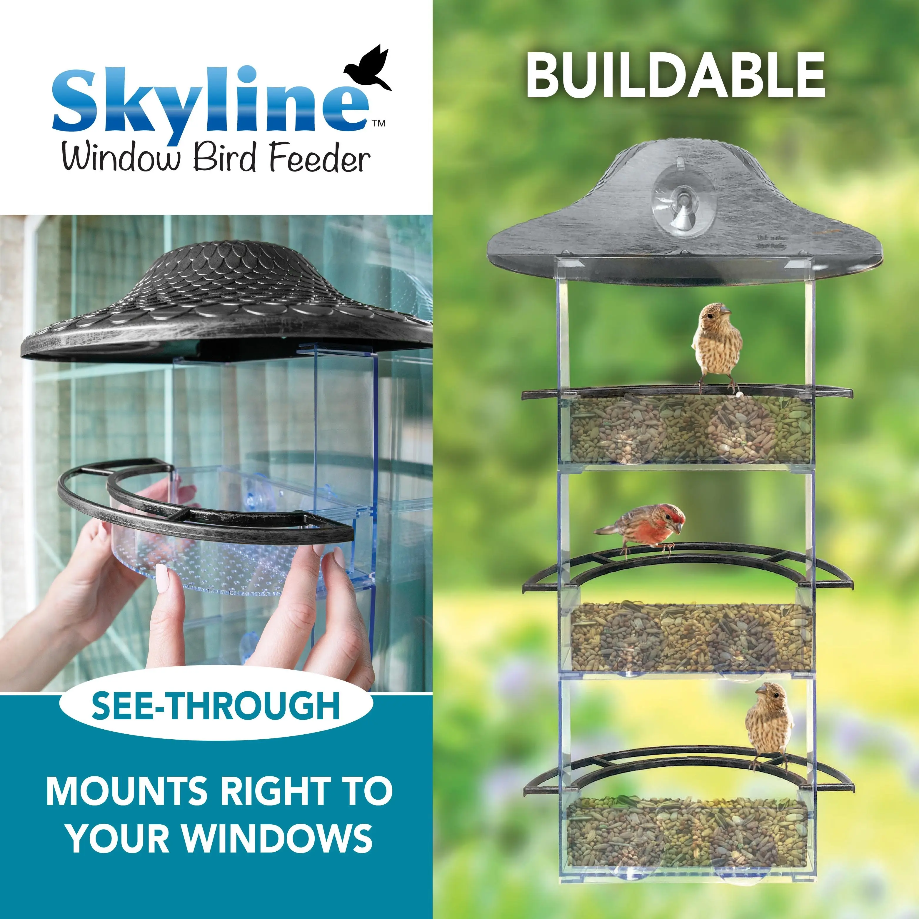 Skyline Window-Mounted Bird Feeder for Up-close Bird Watching. Expandable to Attract More Birds. Easy setup, Clear Views, Removable Seed Trays