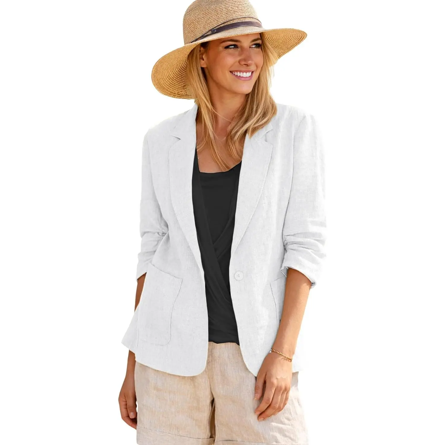 MINA SELF Lady's Basic 2026 Summer Linen Blazer for Women - Lightweight, Breathable, 3/4 Stretchy Ruched Sleeve Casual Work Jacket with Pockets, Women's Suit Clothes