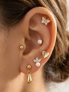 6 Pcs Elegant Earrings Set, Studs Earrings, Heart, Heart Shaped Earrings, Teardrop, Round, Butterfly, Petal Designs, Copper with Zircon, Perfect for Parties, Gifts