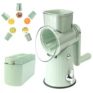 Rotary Cheese Grater with Handle,5 in 1 Manual Vegetable Chopper with Replaceable Blades,Strong Suction Cup Base, Kitchen Utensils