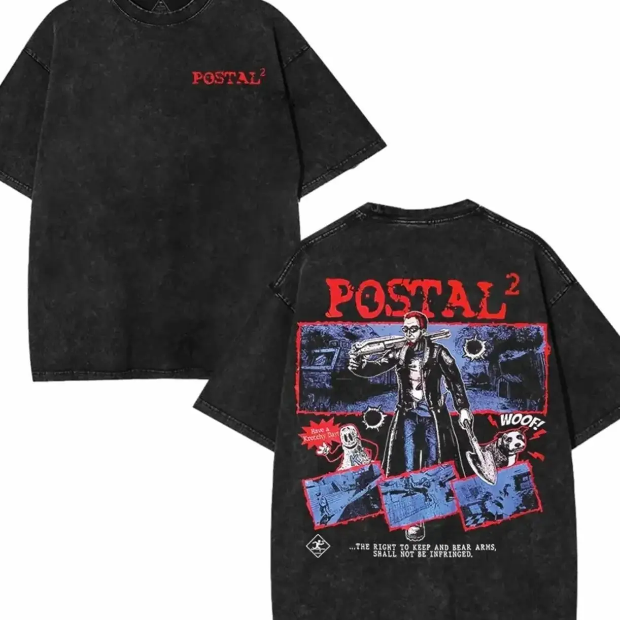 Postal 2 action movie game Double Printed Washed Cotton TShirt RPG Video Games Streetwear graphic tees Top 90s Clothes Menswear Apparel Classic Soft