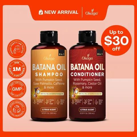 Okaga Shower Set - Batana Oil Shampoo & Conditioner - 8 in 1 Organic Hair & Scalp Care - Hair Growth, Moisturizing, Anti Frizz, Strengthening- (2 x 300 mL)