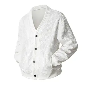 Men's Diamond Jacquard Knit Cardigan, Vintage V-Neck Button-Front Outerwear with Long Sleeves and Pockets, Oversized Fit, Sweatshirt, Knitwear