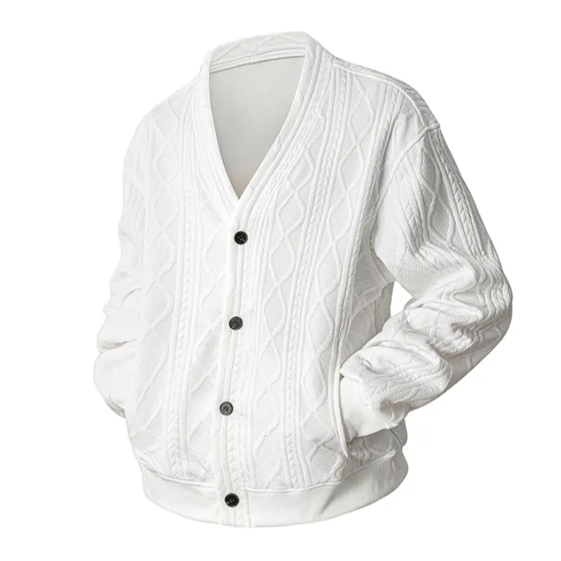 Men's Diamond Jacquard Knit Cardigan, Vintage V-Neck Button-Front Outerwear with Long Sleeves and Pockets, Oversized Fit, Sweatshirt, Knitwear