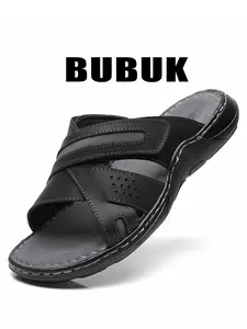 BUBUK Men's Genuine Leather Sports Slippers, Arch Support Outdoor Casual Sandals, Lightweight Waterproof Shoes, Toe-Exposed Design for Travel Hiking, Sports Slides