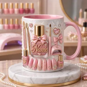 Girly Aesthetic Nail Mug 2D Printed 3D Effect Pink Manicure Coffee Cup, Personalized Name Gift for Nail Tech Manicurist, Premium Ceramic Mug for Beauty Lovers, Birthday Appreciation Gift Idea for Her Friend Sister Salon Owner