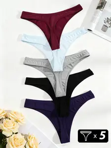 5-Piece Set of Women's Solid Color Cotton Thong Panties, V-Waist Design for Comfortable Fit, Perfect for Everyday Wear, Soft Underwear
