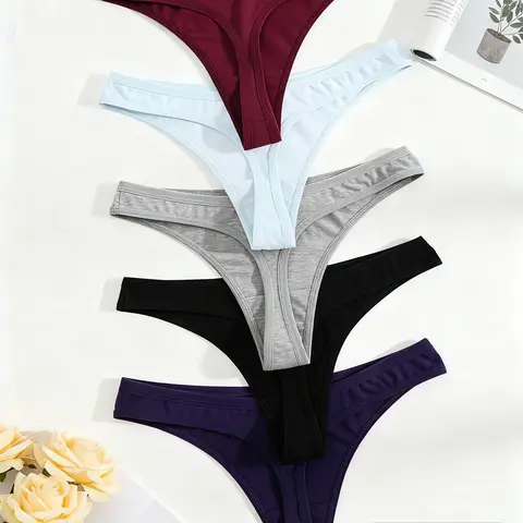 5-Piece Set Plain Color Women's Thong Underwear, Low Waist Panties, V-Back Drop Waist Design, Casual Fitted Style, All Seasons Wear, Comfortable & Stylish