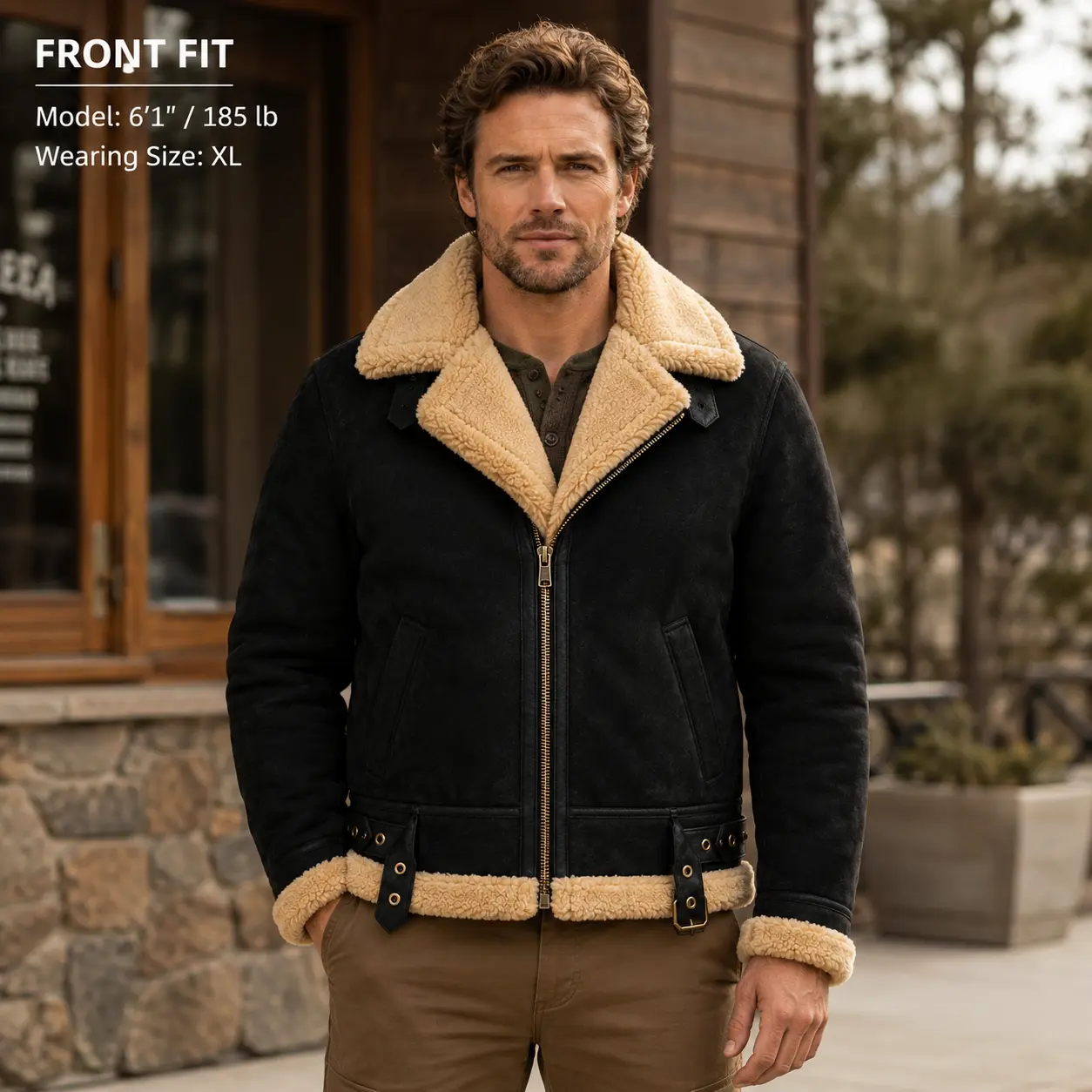 Men's Suede Look Shearling Aviator Jacket, Lined Zip Jacket with Oversized Collar, Vintage Biker Winter Coat for Casual Wear