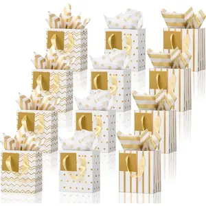 Tenare 12 Pcs Small Gift Bags Mini Metallic Paper Bag Bulk Tiny with Handle Tissue Paper for Gift Wrap Father's Day Birthday Grad Graduation Party(4 x 2.75 x 4.5 Inch,White Gold)