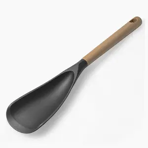 Silicone Cooking Spoon with Wooden Handle, Nonstick Kitchen Gadget, Multifunctional Spatula for Mixing, Scooping, and Scraping, Durable Kitchenware