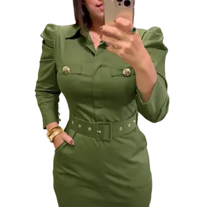 Women's Chic Vintage Army Green Utility Shirt Dress - Long Puff Sleeves, Buckle Belted Waist, Slit Hem Bodycon Midi Skirt, Pockets, Premium Fabric, Matching Style, for Office Work, Anniversary Events