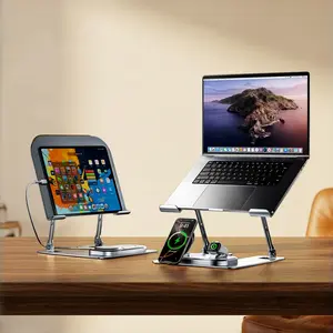 Qi2 4-in-1 15W Magnetic Wireless Charging Station, Durable Alloy Tablet/Laptop/Smartphone Mount, Space-Saving Foldable Fast Charger Stand for iPhone 16/15/14/13/12, Apple Watch, AirPods & Samsung Galaxy Series Cellphone